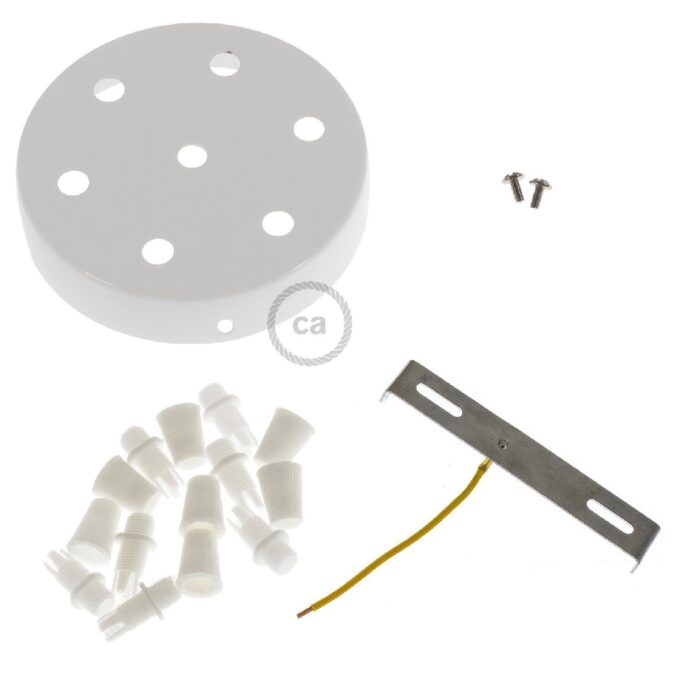 Lubų dangtelis metalinis ø12 cm, 7 angos laidams, baltas blizgus